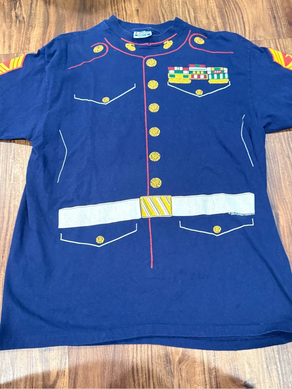 Vintage 80s Marines T-Shirt Blue Medium Uniform Military Army Fun Single Stitch